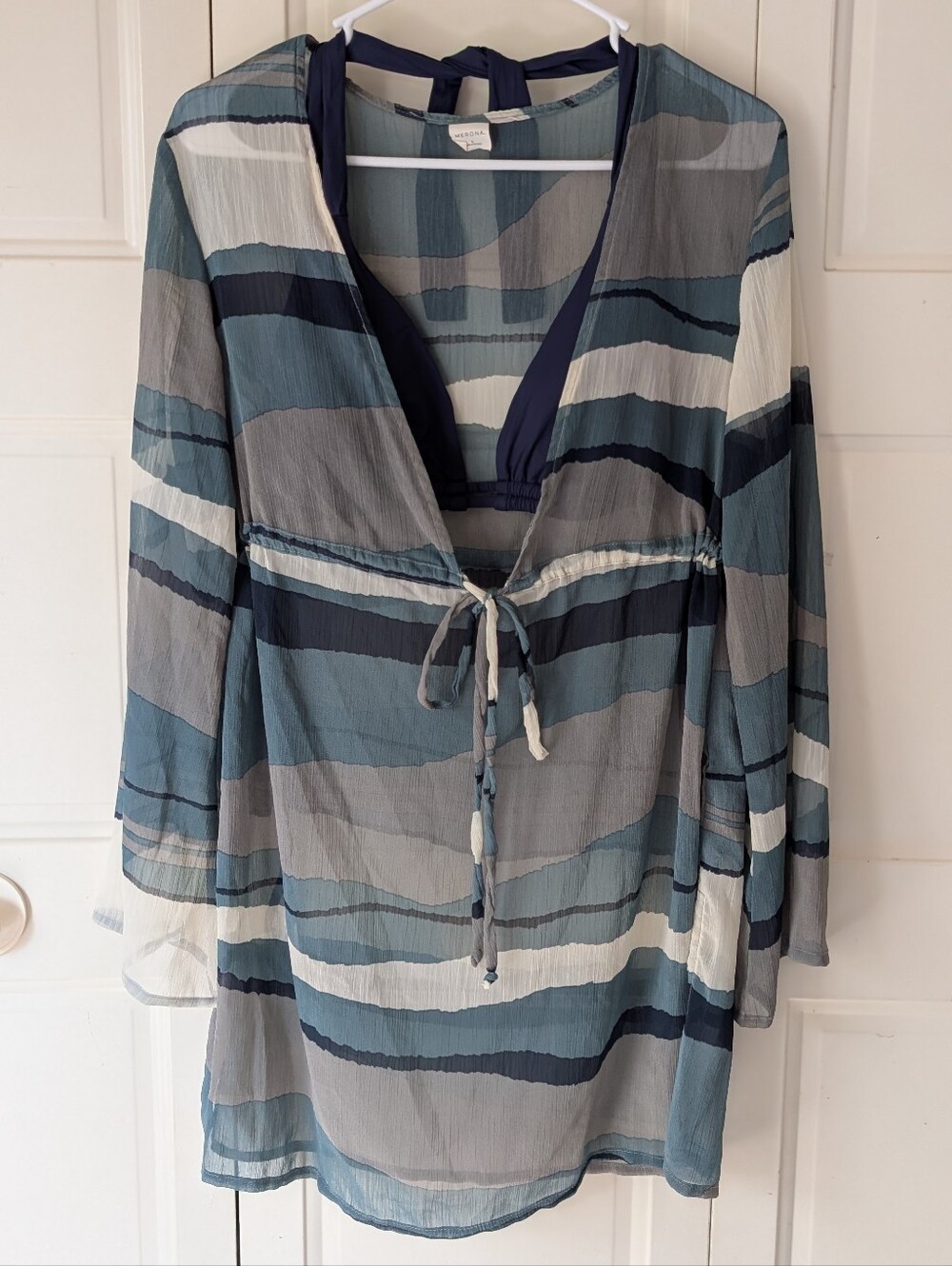 Merona boho blue, grey, & white striped long sleeve beach cover up dress